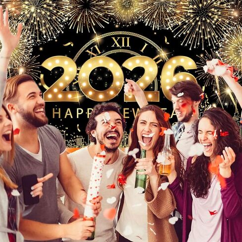 لافتة كبيرة بخلفية سنة جديدة سعيدة، لافتة رأس السنة الجديدة من الذهب الأسود، ديكورات سنة جديدة سعيدة 2025، خلفية ليلة رأس السنة 2025 لمستلزمات حفلات رأس السنة الجديدة 2025 in Kuwait