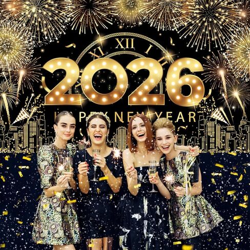 لافتة كبيرة بخلفية سنة جديدة سعيدة، لافتة رأس السنة الجديدة من الذهب الأسود، ديكورات سنة جديدة سعيدة 2025، خلفية ليلة رأس السنة 2025 لمستلزمات حفلات رأس السنة الجديدة 2025 in Kuwait