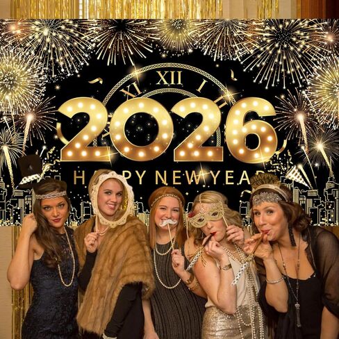 لافتة كبيرة بخلفية سنة جديدة سعيدة، لافتة رأس السنة الجديدة من الذهب الأسود، ديكورات سنة جديدة سعيدة 2025، خلفية ليلة رأس السنة 2025 لمستلزمات حفلات رأس السنة الجديدة 2025 in Kuwait