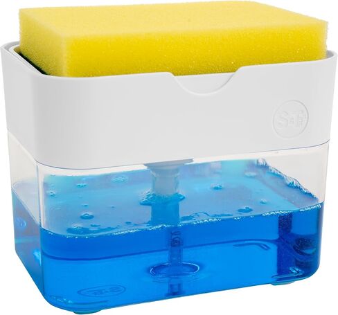 S&T INC. Dish Soap Dispenser and Sponge Holder for Kitchen Sink, Waterproof Labels and Sponge Included, 13 Ounces, Plastic, Bamboo in Kuwait