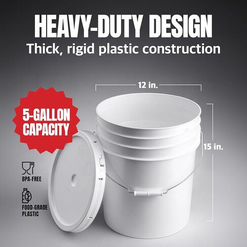 5-Gallon White Bucket Pail With Airtight Lid, Food Grade BPA-Free Premium HDPE, Made In USA, Heavy-Duty Extra Durable Multi-Use, Metal Handles Plastic Grip Easy Carrying, Stackable Easy Store - 1 Pack in Kuwait