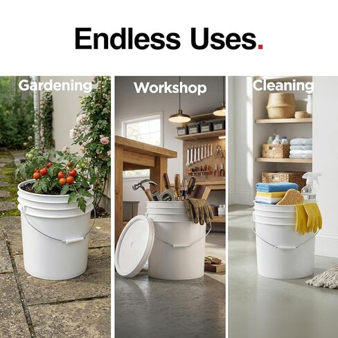 5-Gallon White Bucket Pail With Airtight Lid, Food Grade BPA-Free Premium HDPE, Made In USA, Heavy-Duty Extra Durable Multi-Use, Metal Handles Plastic Grip Easy Carrying, Stackable Easy Store - 1 Pack in Kuwait