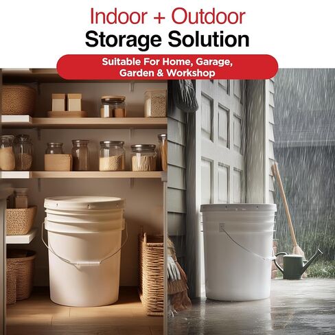 5-Gallon White Bucket Pail With Airtight Lid, Food Grade BPA-Free Premium HDPE, Made In USA, Heavy-Duty Extra Durable Multi-Use, Metal Handles Plastic Grip Easy Carrying, Stackable Easy Store - 1 Pack in Kuwait