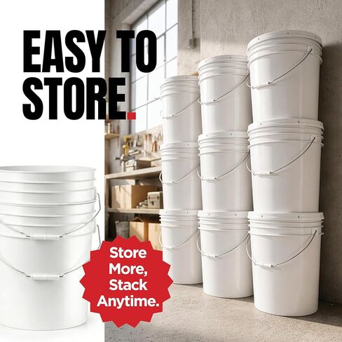 5-Gallon White Bucket Pail With Airtight Lid, Food Grade BPA-Free Premium HDPE, Made In USA, Heavy-Duty Extra Durable Multi-Use, Metal Handles Plastic Grip Easy Carrying, Stackable Easy Store - 1 Pack in Kuwait