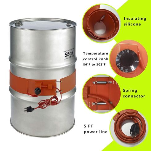 55 Gallon Drum Heater, 120V 1200W Insulated Band, Fits Steel Barrel, Temp Control 86℉-302℉, Works with Oil Lube Water Honey (5 in x 68.5 in) in Kuwait