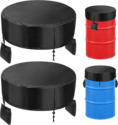 2-PCS 55 Gallon Drum Covers with 4 Windproof Weights Sand Bags(No Sand), 420D Waterproof Coating Oxford Cloth Rain Barrel Lid with Adjustable Drawstring, All-Weather Protection for Outdoor Storage in Saudi Arabia