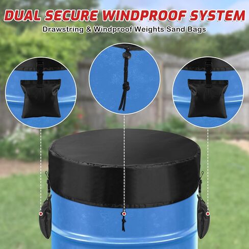 2-PCS 55 Gallon Drum Covers with 4 Windproof Weights Sand Bags(No Sand), 420D Waterproof Coating Oxford Cloth Rain Barrel Lid with Adjustable Drawstring, All-Weather Protection for Outdoor Storage in Saudi Arabia