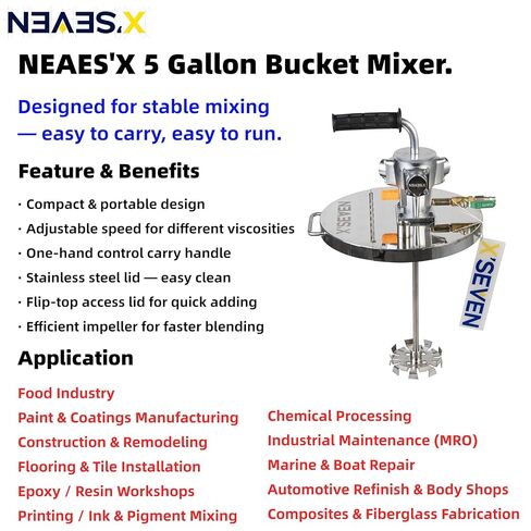 خلاط دلو NEAES'X سعة 5 جالون، محرض سطل طلاء هوائي مع غطاء، محرك هواء 1/4 حصان، عمود من الفولاذ المقاوم للصدأ 304 وشفرة تشتيت، يناسب دلاء سعة 5 جالون in Kuwait