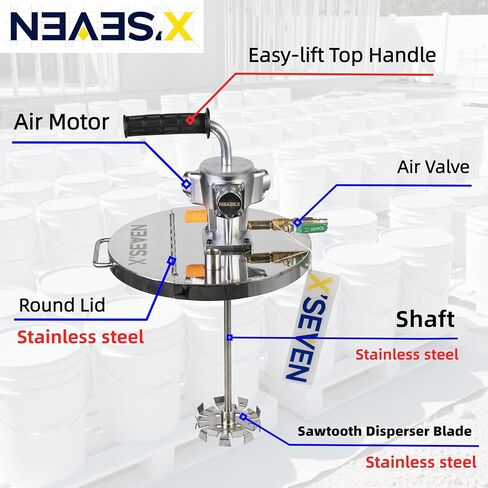 خلاط دلو NEAES'X سعة 5 جالون، محرض سطل طلاء هوائي مع غطاء، محرك هواء 1/4 حصان، عمود من الفولاذ المقاوم للصدأ 304 وشفرة تشتيت، يناسب دلاء سعة 5 جالون in Kuwait