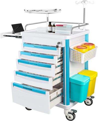 عربة الأدوية، عربة تخزين طبية متدحرجة مع عجلات وأدراج، عربة طوارئ للتمريض بالموجات فوق الصوتية مع عمود IV، عجلة، حامل، سلة المهملات للعيادة، المستشفى (37 * 17 * 34 بوصة، 6 أدراج) in Kuwait