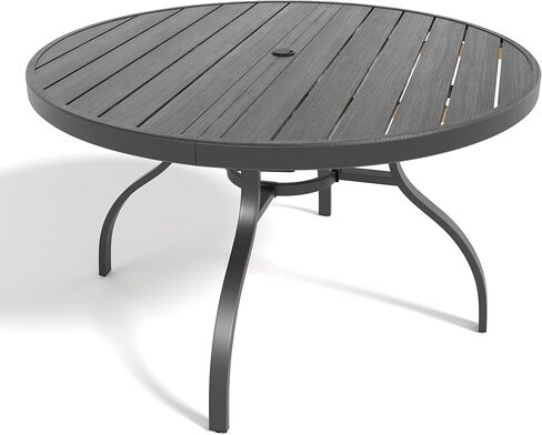 41" Round Faux Wood Patio Dining Table with Umbrella Hole, Rust-Resistant Outdoor Bistro Table, Realistic Wood Grain Top & Matte Black Iron Base for Garden, Patio, Balcony in Kuwait