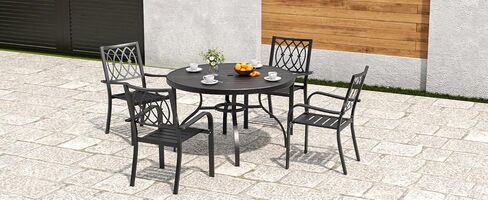 41" Round Faux Wood Patio Dining Table with Umbrella Hole, Rust-Resistant Outdoor Bistro Table, Realistic Wood Grain Top & Matte Black Iron Base for Garden, Patio, Balcony in Kuwait