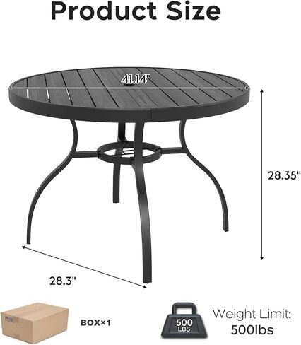 41" Round Faux Wood Patio Dining Table with Umbrella Hole, Rust-Resistant Outdoor Bistro Table, Realistic Wood Grain Top & Matte Black Iron Base for Garden, Patio, Balcony in Kuwait