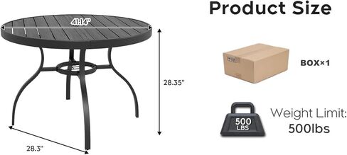 41" Round Faux Wood Patio Dining Table with Umbrella Hole, Rust-Resistant Outdoor Bistro Table, Realistic Wood Grain Top & Matte Black Iron Base for Garden, Patio, Balcony in Kuwait