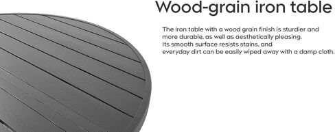 41" Round Faux Wood Patio Dining Table with Umbrella Hole, Rust-Resistant Outdoor Bistro Table, Realistic Wood Grain Top & Matte Black Iron Base for Garden, Patio, Balcony in Kuwait