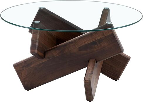 Round Glass Coffee Table, 33.4" Modern Design Unique Coffee Table. Tempered Glass top with Walnut Colored Texture Sticker MDF Legs. Suitable for Living and Dining Rooms in Saudi Arabia
