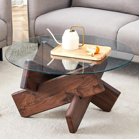 Round Glass Coffee Table, 33.4" Modern Design Unique Coffee Table. Tempered Glass top with Walnut Colored Texture Sticker MDF Legs. Suitable for Living and Dining Rooms in Saudi Arabia