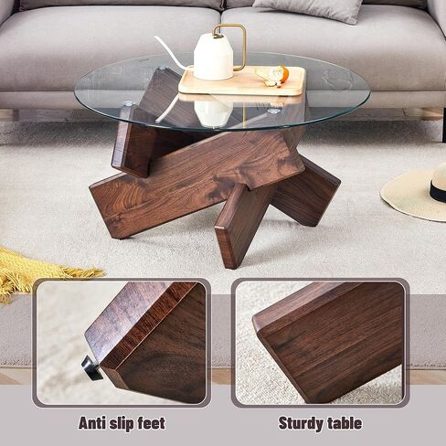 Round Glass Coffee Table, 33.4" Modern Design Unique Coffee Table. Tempered Glass top with Walnut Colored Texture Sticker MDF Legs. Suitable for Living and Dining Rooms in Saudi Arabia