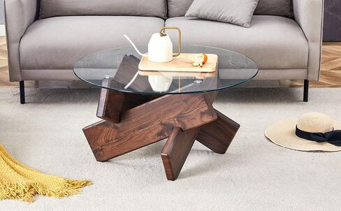 Round Glass Coffee Table, 33.4" Modern Design Unique Coffee Table. Tempered Glass top with Walnut Colored Texture Sticker MDF Legs. Suitable for Living and Dining Rooms in Saudi Arabia