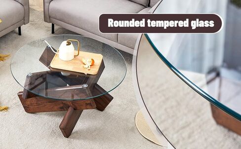 Round Glass Coffee Table, 33.4" Modern Design Unique Coffee Table. Tempered Glass top with Walnut Colored Texture Sticker MDF Legs. Suitable for Living and Dining Rooms in Saudi Arabia