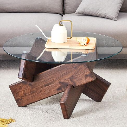 Round Glass Coffee Table, 33.4" Modern Design Unique Coffee Table. Tempered Glass top with Walnut Colored Texture Sticker MDF Legs. Suitable for Living and Dining Rooms in Saudi Arabia