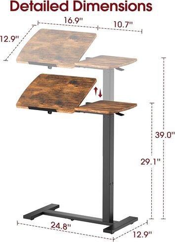 طاولة جانبية للسرير مع عجلات - صينية لف قابلة لضبط الارتفاع، طاولة سرير المستشفى مع سطح مائل، مكتب لاب توب للاستخدام في المنزل والمكتب، مقاس 27.6 بوصة طول × 12.9 بوصة عرض × 29.1 بوصة - 39 بوصة ارتفاع، بني in Kuwait