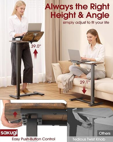 طاولة جانبية للسرير مع عجلات - صينية لف قابلة لضبط الارتفاع، طاولة سرير المستشفى مع سطح مائل، مكتب لاب توب للاستخدام في المنزل والمكتب، مقاس 27.6 بوصة طول × 12.9 بوصة عرض × 29.1 بوصة - 39 بوصة ارتفاع، بني in Kuwait