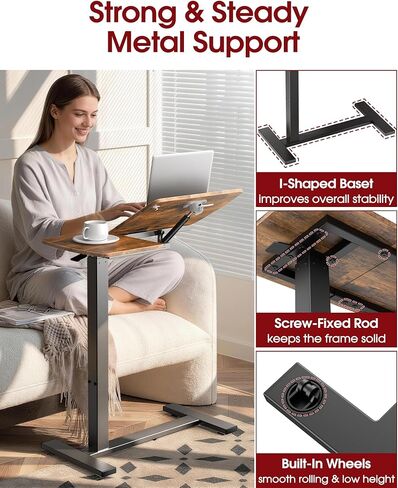 طاولة جانبية للسرير مع عجلات - صينية لف قابلة لضبط الارتفاع، طاولة سرير المستشفى مع سطح مائل، مكتب لاب توب للاستخدام في المنزل والمكتب، مقاس 27.6 بوصة طول × 12.9 بوصة عرض × 29.1 بوصة - 39 بوصة ارتفاع، بني in Kuwait