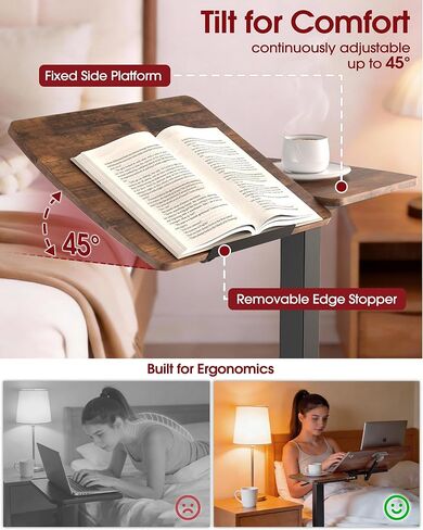 طاولة جانبية للسرير مع عجلات - صينية لف قابلة لضبط الارتفاع، طاولة سرير المستشفى مع سطح مائل، مكتب لاب توب للاستخدام في المنزل والمكتب، مقاس 27.6 بوصة طول × 12.9 بوصة عرض × 29.1 بوصة - 39 بوصة ارتفاع، بني in Kuwait