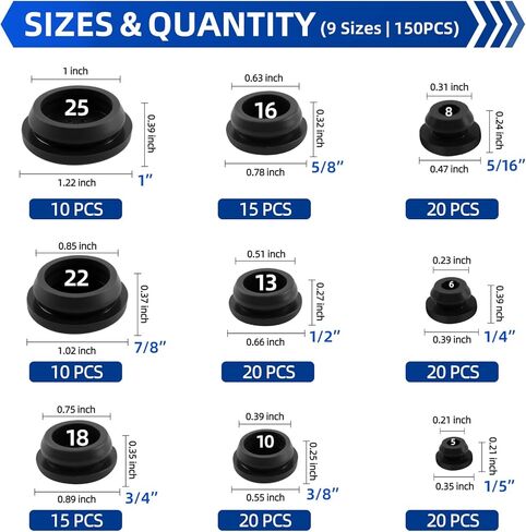 150 قطعة من سدادات مطاطية مرنة للثقوب الدائرية، 9 مقاسات من سدادات مطاطية للثقوب بأحجام متنوعة، سدادات ثقب من السيليكون لحوض الحمام، حوض الاستحمام، أثاث أسلاك السيارة، أنابيب الزجاجات المستديرة in Kuwait