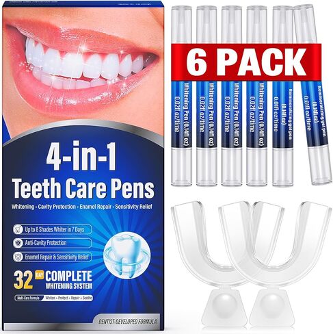 Teeth Whitening Pen Kit - 35% Carbamide Peroxide, Stain Removal, 4 Whitening Pens + 2 Remineralizing Pens, Enamel Repair, Anti-Cavity, Sensitive Teeth Care, 6 x 0.14 fl oz (Spearmint) in Kuwait