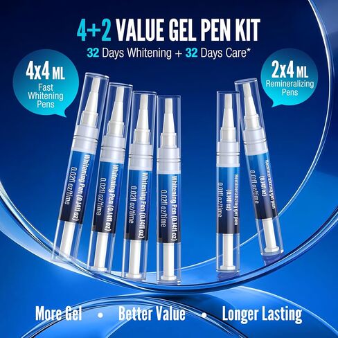 Teeth Whitening Pen Kit - 35% Carbamide Peroxide, Stain Removal, 4 Whitening Pens + 2 Remineralizing Pens, Enamel Repair, Anti-Cavity, Sensitive Teeth Care, 6 x 0.14 fl oz (Spearmint) in Kuwait