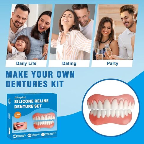 Moldable False Teeth - Silicone Dentures - Men and Veneers Teeth for Women - Upper and Lower Matching Set - Fix Your Smile at Within Minutes - Blue - 1PCS - S77 in Kuwait