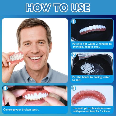أسنان صناعية قابلة للتشكيل - أسنان قشور للنساء والرجال، طقم أسنان سيليكون لكل من العلوي والسفلي، أطقم أسنان مؤقتة يمكنك صنعها بنفسك في المنزل في غضون دقائق لإصلاح ابتسامتك HMF in Kuwait