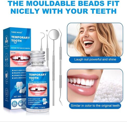 طقم أسنان من الخرز الحراري القابل للتشكيل، غطاء فجوة الأسنان المؤقتة للأسنان المكسورة أو المفقودة، استخدام المظهر التجميلي in Kuwait