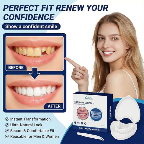 قشور سناب اون - مشبك فوري للأسنان المزيفة للنساء، قشور بيضاء طبيعية لتغيير الابتسامة، أغطية أسنان تجميلية مؤقتة مع حقيبة سفر لطيفة على شكل قلب شفاف in Kuwait