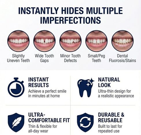 قشور سناب اون - مشبك فوري للأسنان المزيفة للنساء، قشور بيضاء طبيعية لتغيير الابتسامة، أغطية أسنان تجميلية مؤقتة مع حقيبة سفر لطيفة على شكل قلب شفاف in Kuwait