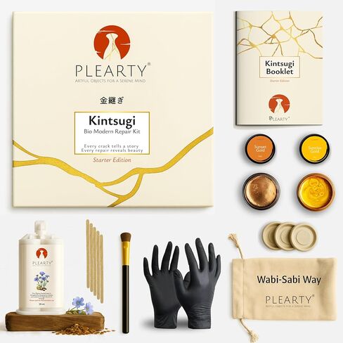 PLEARTY Kintsugi Repair Kit Food-Safe Linseed Resin Dishwasher Proof 20g Metallic Gold Mica Powder Detailed Booklet Modern Kintsugi kit for Beginners Japanese Art Gold Repair Kit in Saudi Arabia
