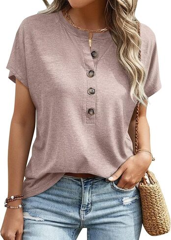 EADINVE Womens Batwing Sleeve Tshirts Crew Neck Short Sleeve Buttons Tops Tee Basic Summer Blouse Loose Fit in Kuwait