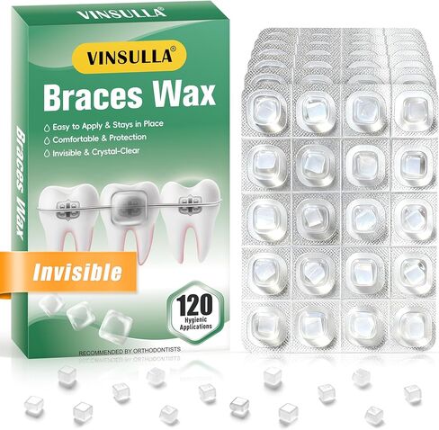 شمع شفاف لتقويم الأسنان للأقواس والمصففات - مريح، حماية غير مرئية/80 قطعة من نقاط شمع الأسنان الملائمة للطعام مع ملفوفة بشكل فردي للعناية بالفم، نعناع (عبوة من 4 قطع) in Kuwait