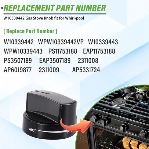 2 حزمة W10339442 مقابض موقد الغاز سطح الموقد استبدال المقابض متوافق مع نطاق الغاز دوامة / موقد / فرن، يستبدل WPW10339442 PS11753188 in Kuwait