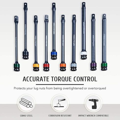 10pc 1/2" Drive Torque Limiting Extension Stick Set with 8" 65-150 ft.-lb. Impact Torque Sticks Safely Locking Lug Nuts in Kuwait
