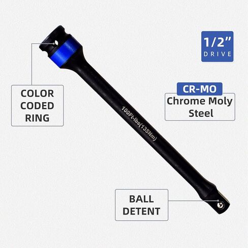 10pc 1/2" Drive Torque Limiting Extension Stick Set with 8" 65-150 ft.-lb. Impact Torque Sticks Safely Locking Lug Nuts in Kuwait