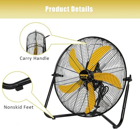 HiCFM 20" 5300 CFM High Velocity Metal Floor Fan, 3-Speed Powerful Cooling 360° Tilting with Wall Mounting System for Shop, Office, Commercial, Garage and Industrial Use- UL Listed in Kuwait