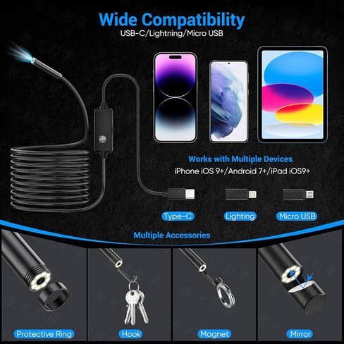Endoscope Camera with Light,1920P HD Borescope with 8 Adjustable LED Lights, Endoscope with Semi-Rigid Snake Cable, IP67 Waterproof Inspection Borescope for iOS and Android-16.4ft Single Lens in Saudi Arabia
