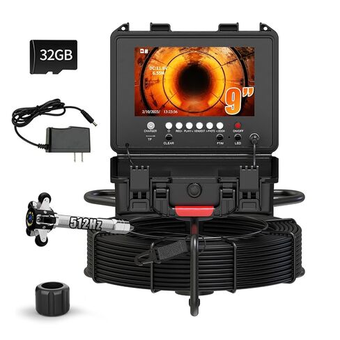 Sewer Camera Self Leveling 9'' with 512Hz Sonde & Meter Counter, 100ft Drain Inspection Camera with 32GB DVR, 5X Zoom, 12 LEDs, IP68 Waterproof 23MM 1080P Camera, 7MM Pipe Endoscope for Plumbing in Kuwait