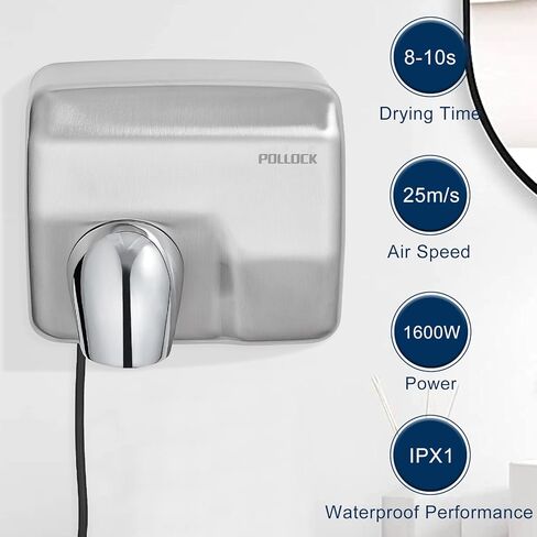 Commercial Hand Dryer Wall Mounted, Stainless Steel Electric Hand Dryer for Bathroom,1600 W Automatic High Speed Warm Wind Hand Blower, 110V Plug in, 8-10s Second Dry, for Industry Business Restrooms in Kuwait