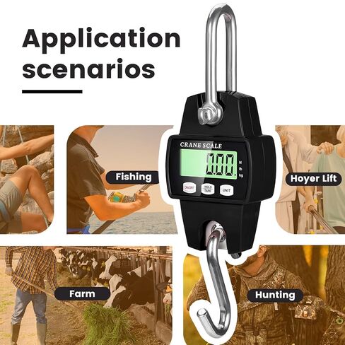 مقياس معلق رقمي، مقياس رافعة 880 رطل/400 كجم، مقياس معلق رقمي محمول، مقياس رافعة صغير مع شاشة LCD وخطافات، جسم من سبائك الألومنيوم للصيد، في الهواء الطلق، صيد الأسماك، المزرعة (أسود) in Kuwait
