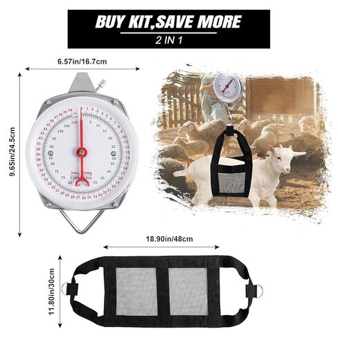 موازين تعليق ميكانيكية 110 رطل/50 كجم، حبال ربلة الساق ومقياس وزن معلق 2 في 1، حبال وزن للعجول، الحملان، الماعز، كلاب الماشية حديثي الولادة، مقياس وزن بقرص زنبركي عالي الدقة in Kuwait