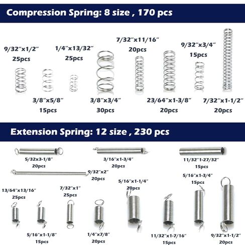 Spring Assortment Kit - 400 Pcs 20 Sizes Compression & Extension Spring Set, Zinc Plated Spring Steel for Durability - Ideal for Appliance, Toy, Automotive, Door Repair in Kuwait